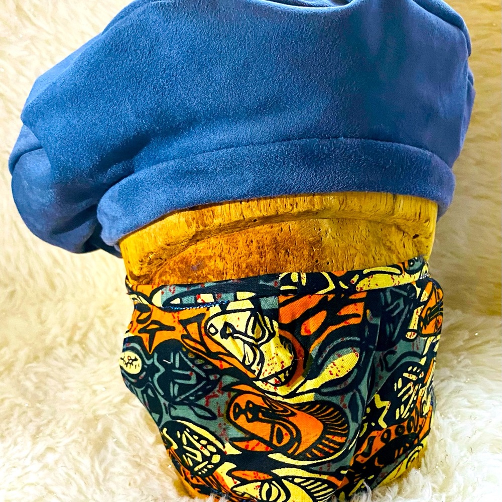 Handmade Faux suede beret hat with a satin lining and mask set